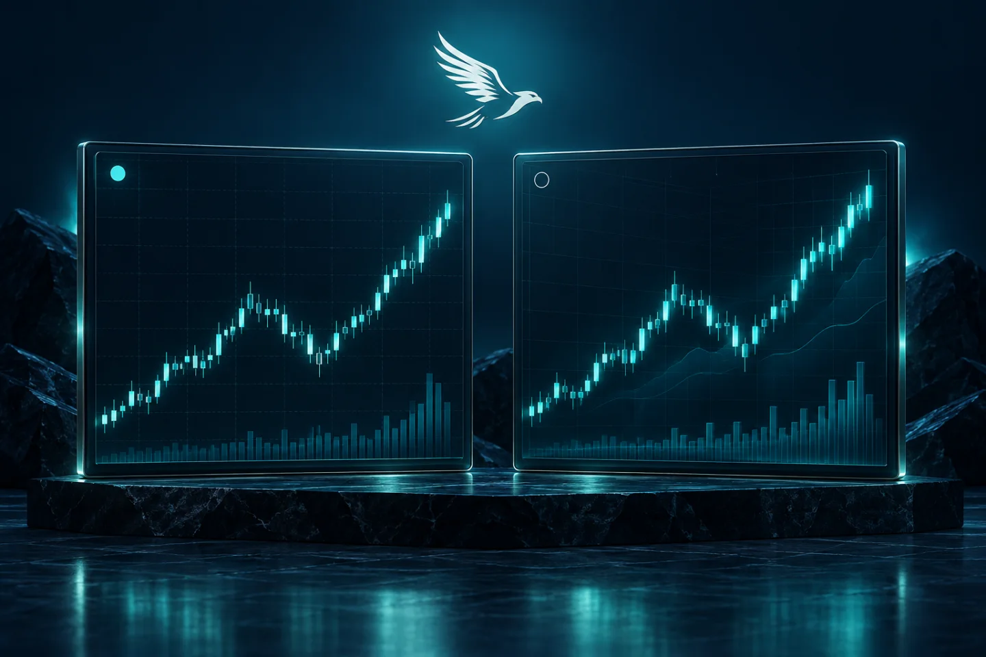 Two abstract equity records side by side, one real-account, one simulated