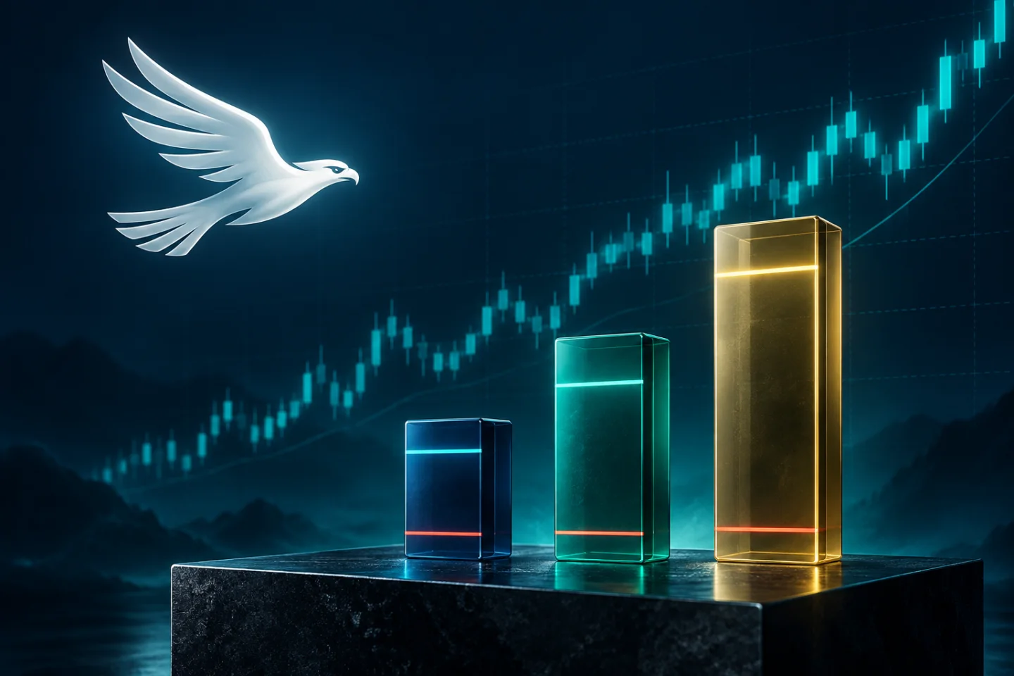 Three account-size tiers shown as three rising columns in brand colours