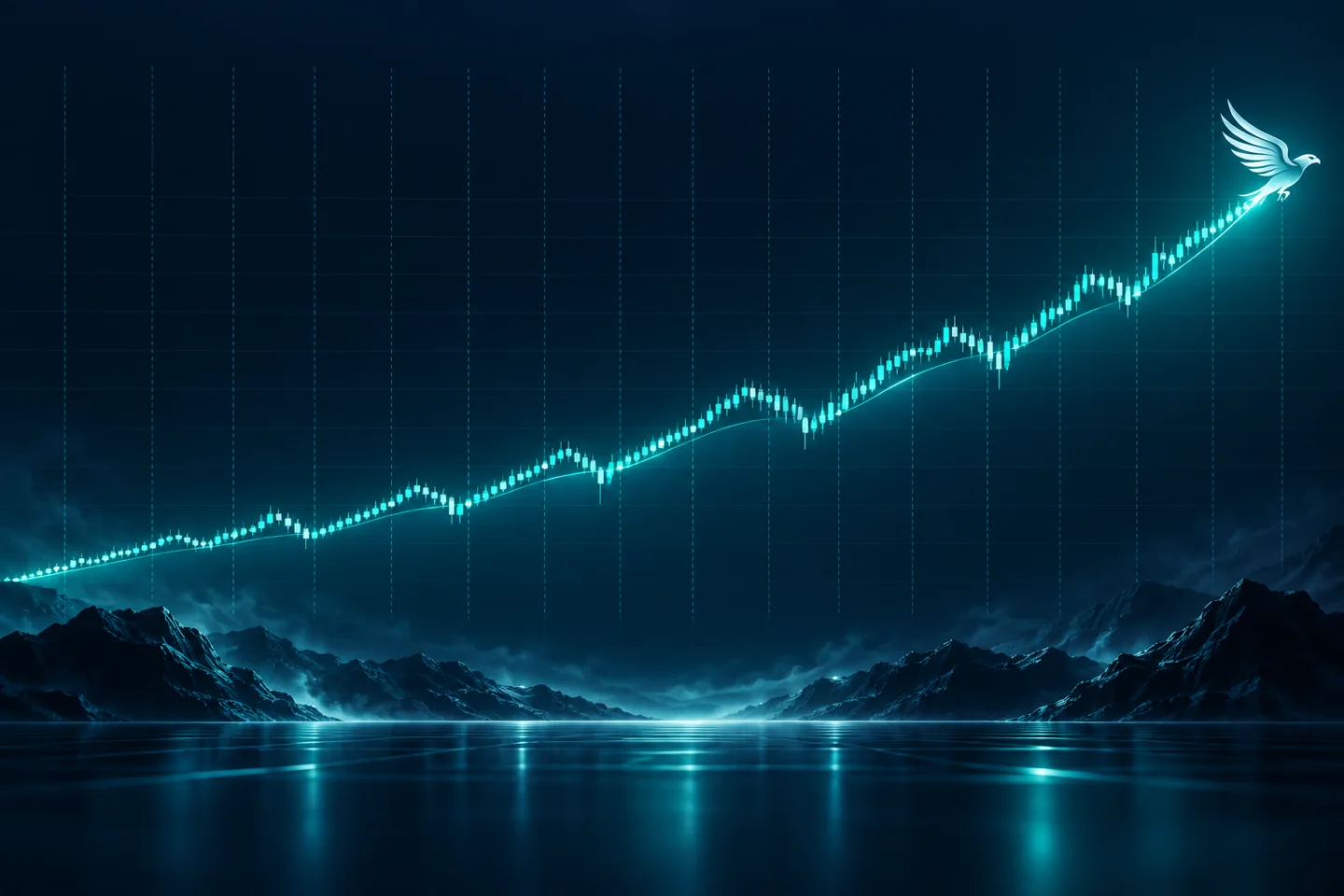 Sixteen-year equity curve rendered as a glowing line with year markers