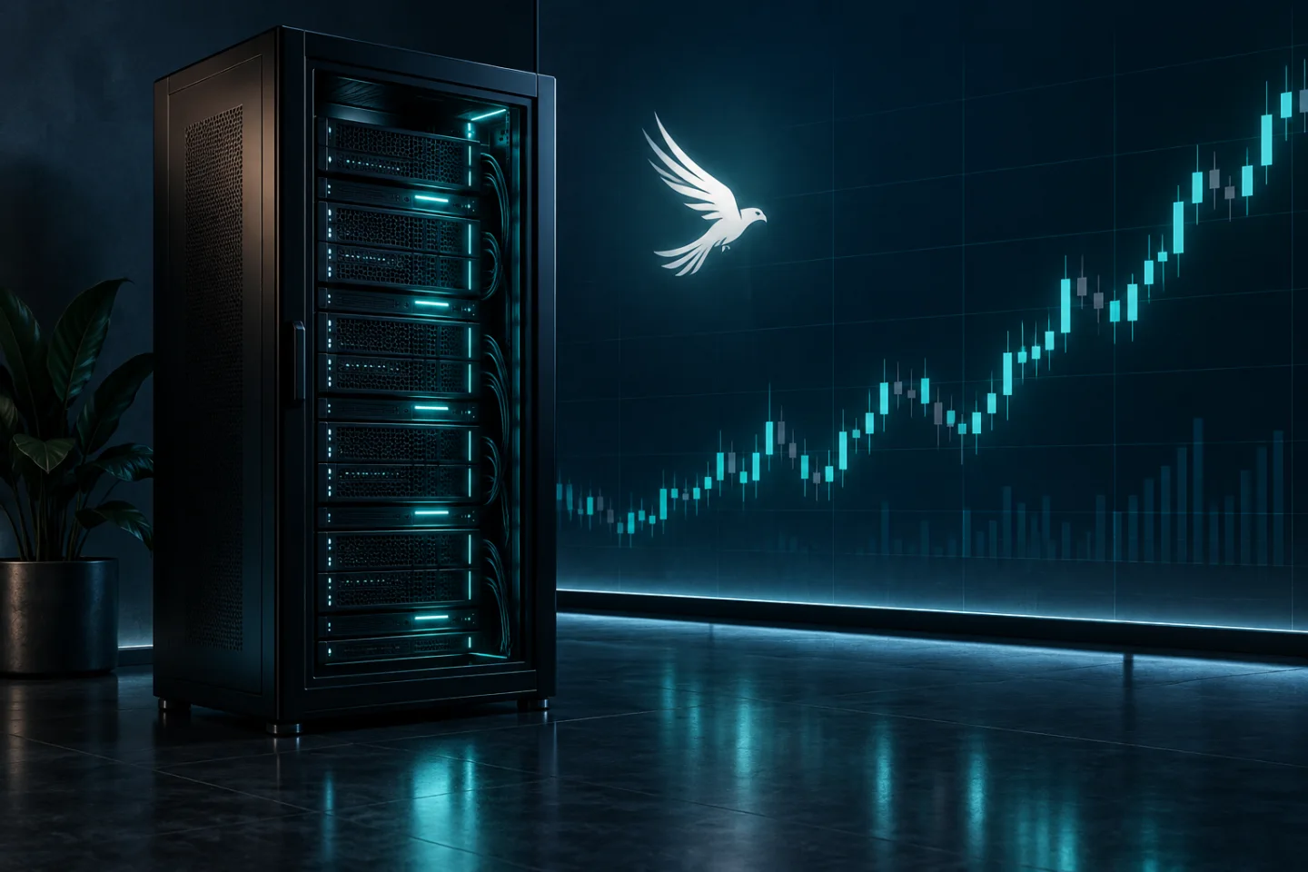 A small server rack glowing teal in a dark room