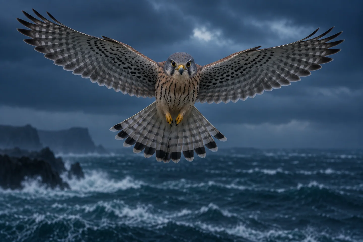 Kestrel holding position in strong wind over a dark sea