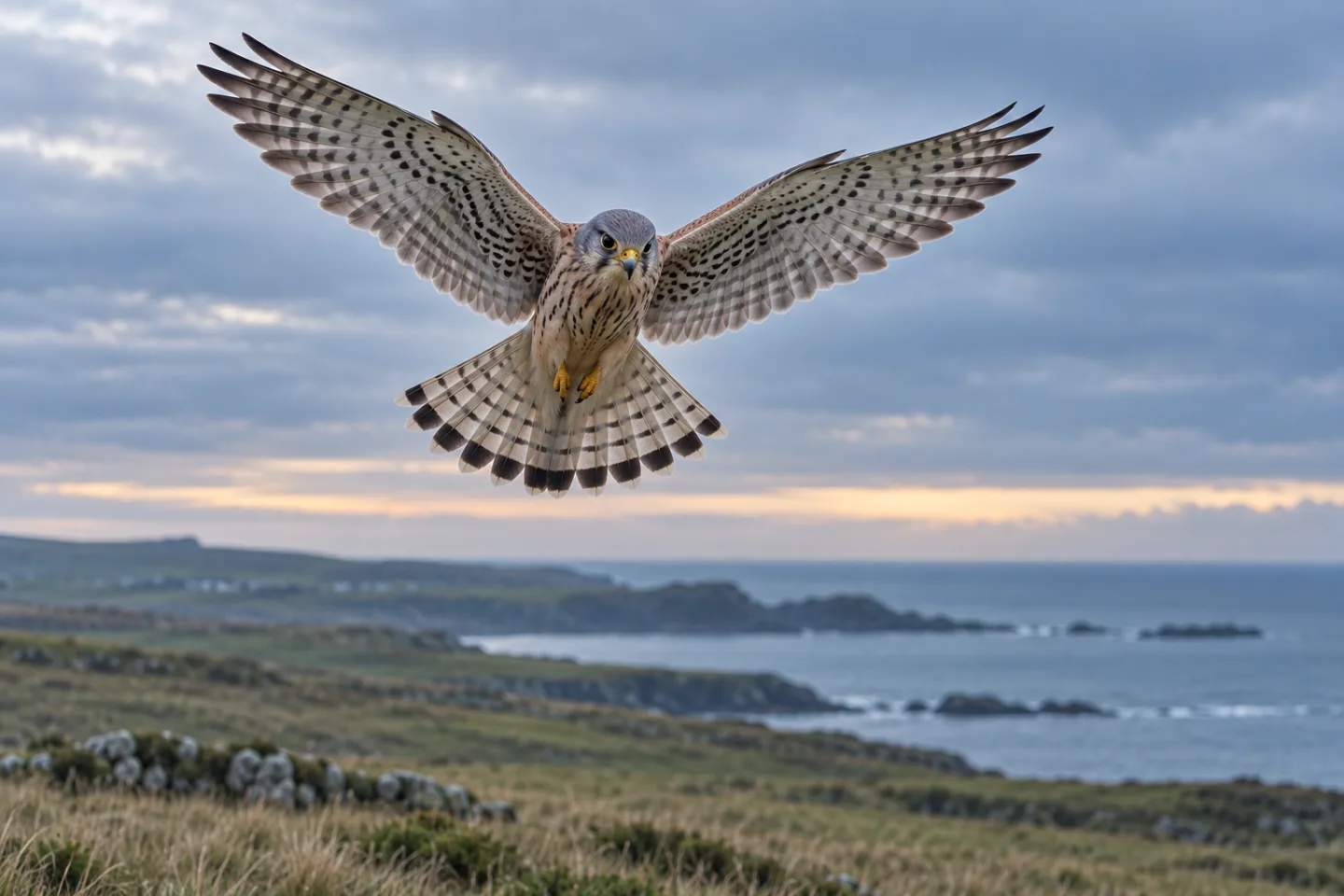 Kestrel hovering still over a coastal grassland at dawn